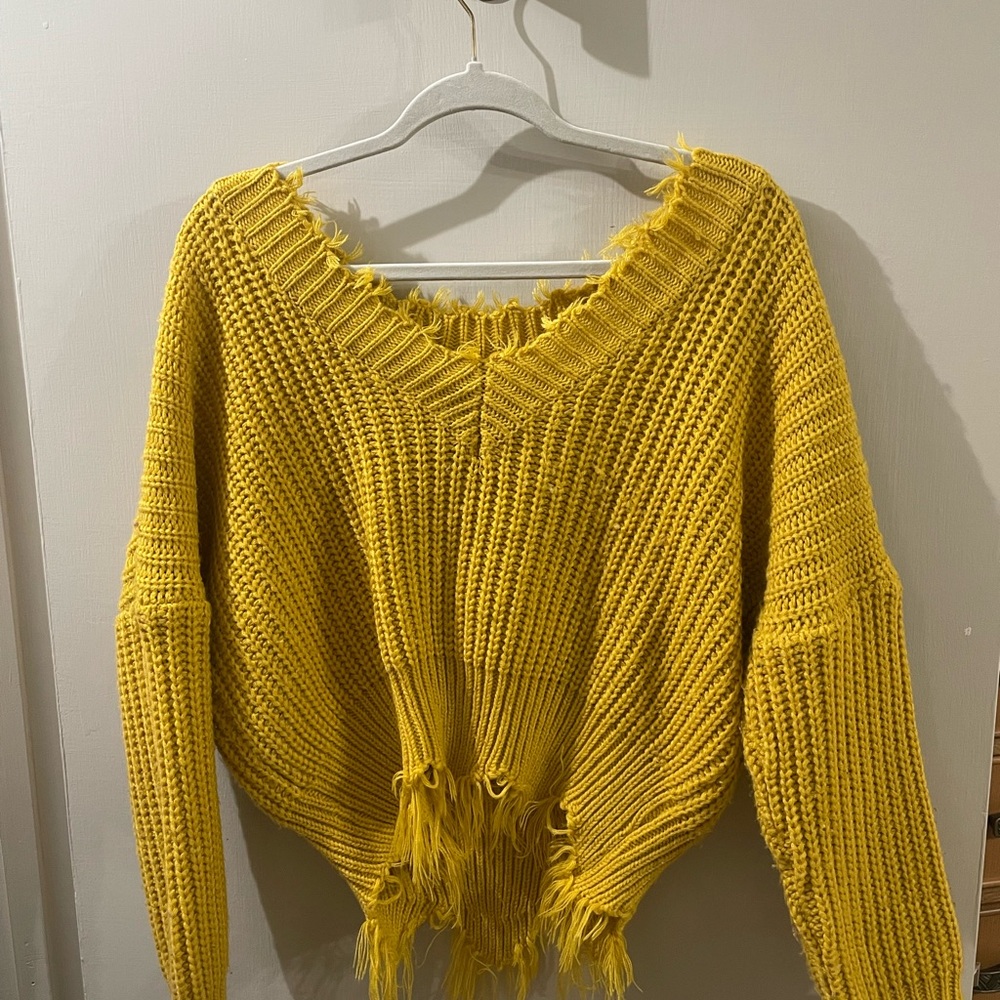 Yellow Frayed Knit Sweater